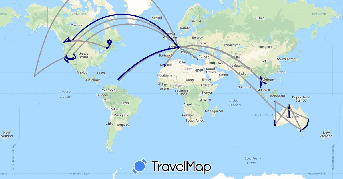 TravelMap itinerary: driving, plane, hiking in Australia, Canada, Switzerland, Guadeloupe, Greece, Indonesia, Cambodia, Morocco, Martinique, Nepal, Thailand, Turkey, United States (Africa, Asia, Europe, North America, Oceania)
